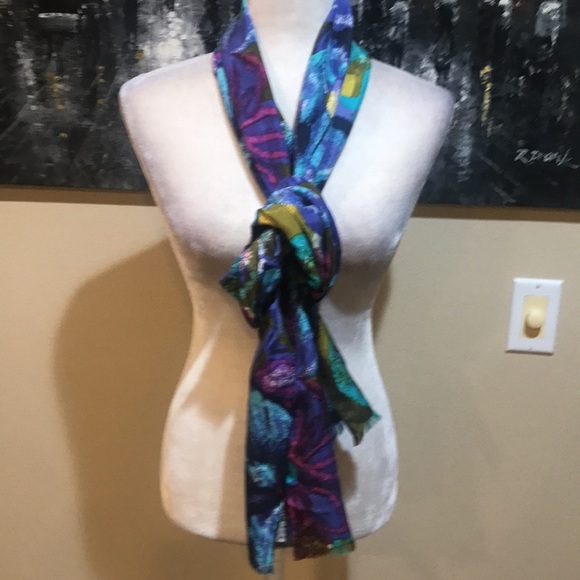 Express Jewel Tone Watercolor 100% Silk Scarf-Size  10x84 - Picture 4 of 8